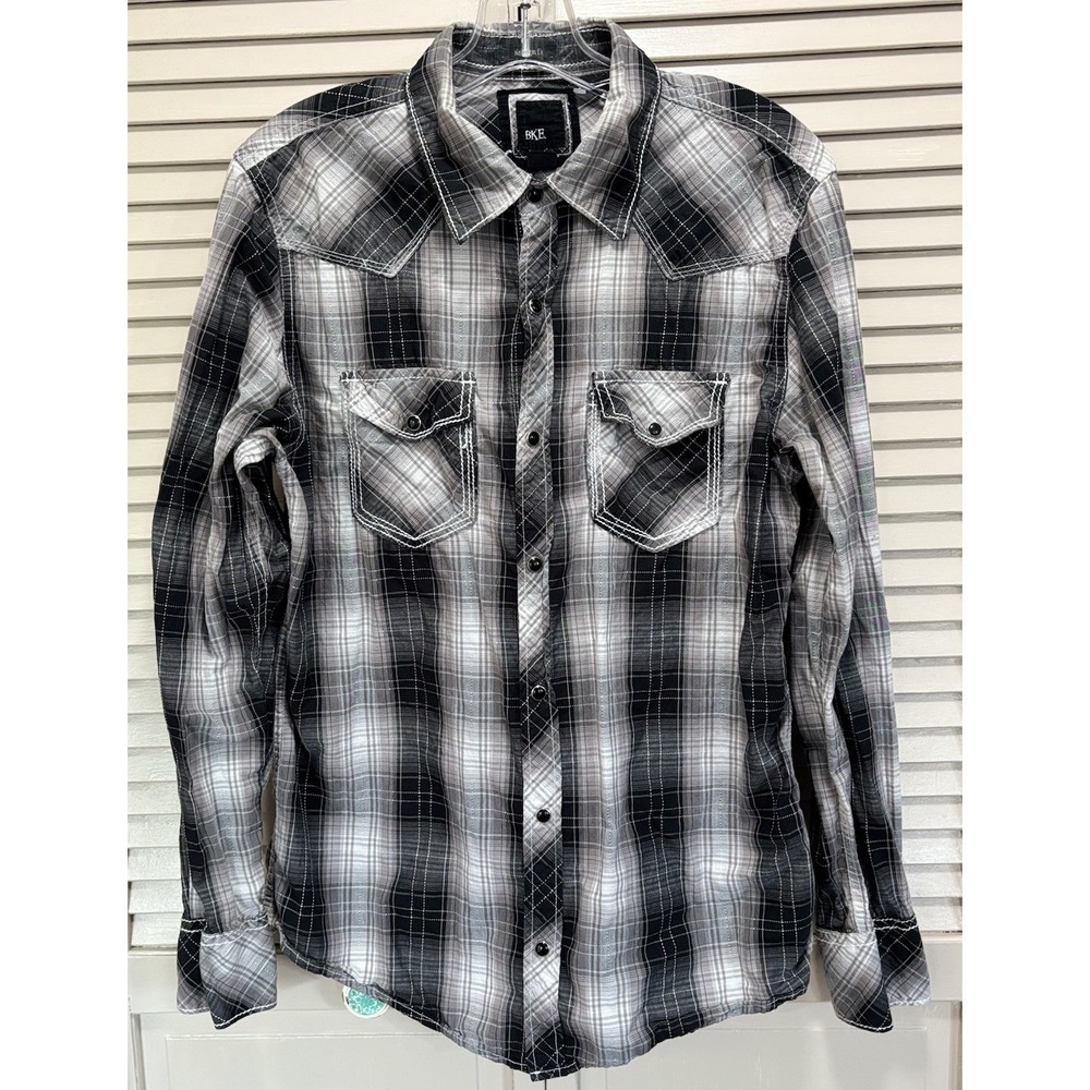 BKE Slim Fit Plaid Black/Gray Long Sleeve Pearl Snap Shirt Size Medium Pockets